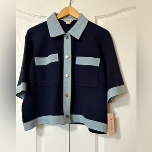 Nannette Lepore Navy and Light Blue Button Down Shirt Size XL